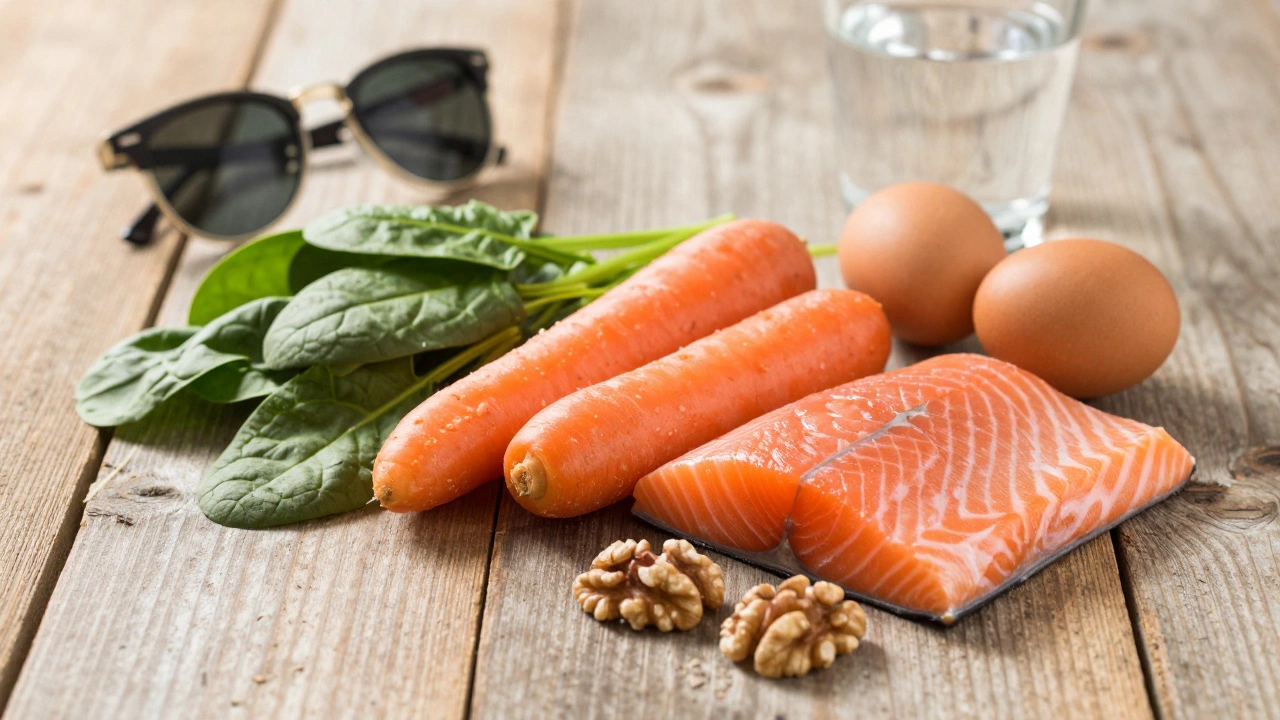 Полезные продукты для зрения: шпинат, морковь, лосось и вода