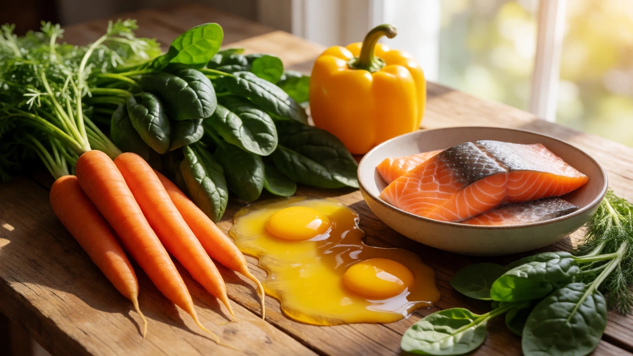 Свежие продукты для зрения: морковь, шпинат и лосось